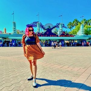 Plaid Checkered Gingham Orange Black Halloween Puff Sleeve Dress